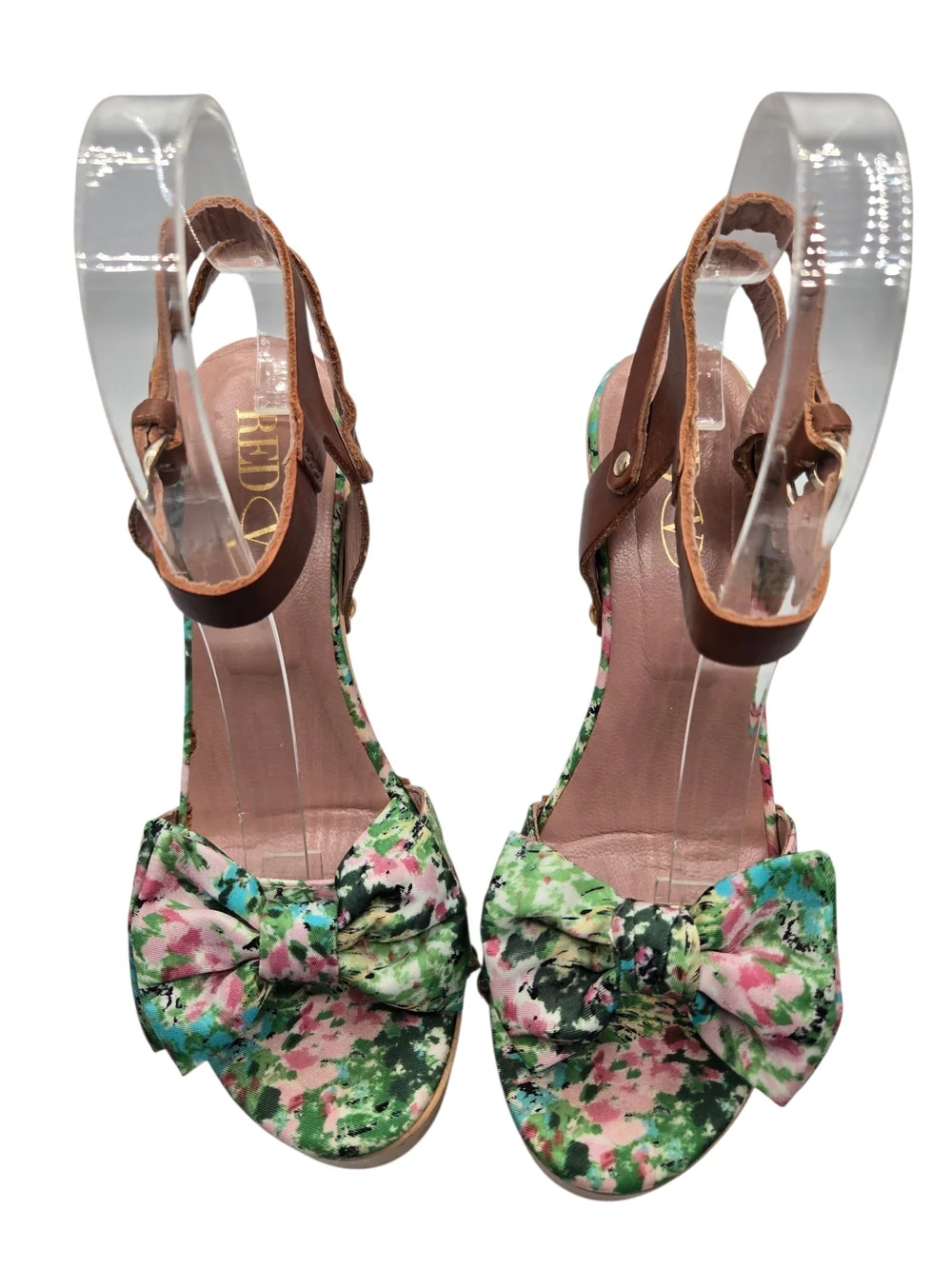 RED Valentino Meadow Print Platform Sandals Size 37.5 Floral Bow Wood Heel